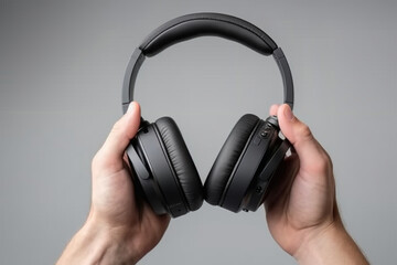 Fototapeta na wymiar male hands hold black headphones on a gray background, close-up