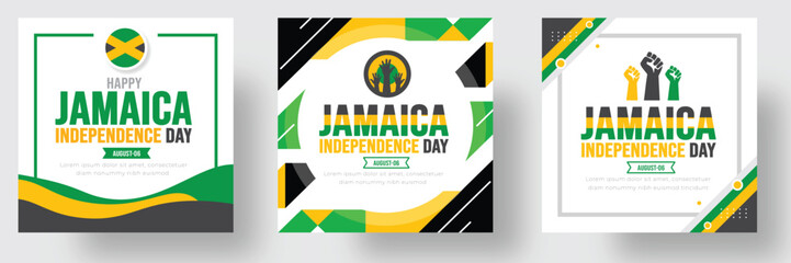 Jamaica Happy Independence Day sticker or social media post banner design template set. Holiday concept. background, banner, placard, card, and poster design bundle template. - obrazy, fototapety, plakaty