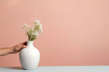 White vase with white flowers in hand on a pink background.