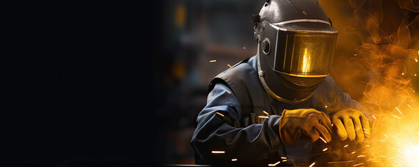 Metal welder working with arc welding machine to weld steel at factory. generative ai