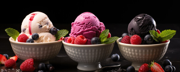Three bowls with fruity ice cream scoops. generative ai