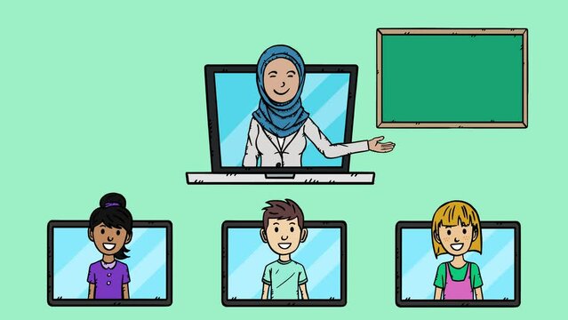 A Muslim proffesor wearing a hijab teaches kids on online lessons.
The woman shows herself on a laptop screen and a whiteboard appears next to her. Kids are usuing digital tablets.