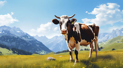 Fototapeta na wymiar cow in a field with mountains in the background, generative ai 
