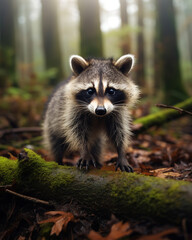 Cute raccoon looking at camera while walking on fallen tree in rainforest on blurred background, generative ai 