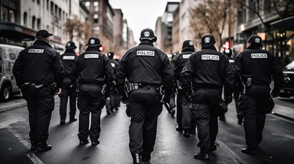 group of police officers donning their uniforms patrolling the city streets, maintaining law and order during public demonstrations, generative ai 