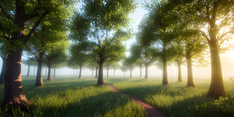 Serene spring summer jungle trees environment by misty rays of light