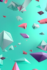 Colorful composition of flying figures on light metallic green mint background. Glowing triangle, spheres, torus, tubes, cones in motion . Futuristic gradient poster. Generative AI.