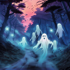 An AI-generated Anime-style image of ghosts hovering in a foggy, scary forest. Stock image.