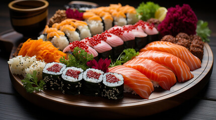 A top-down view of a sushi platter featuring a variety of rolls and sashimi, sushi background, food Generative AI