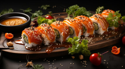 A modern fusion sushi roll with unique ingredients and flavors, sushi banner, food Generative AI
