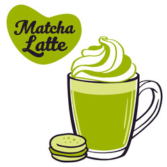 Matcha latte. Vector doodle organic  matcha coffee latte, macarons for menu, coffee shop design. Healthy drink
