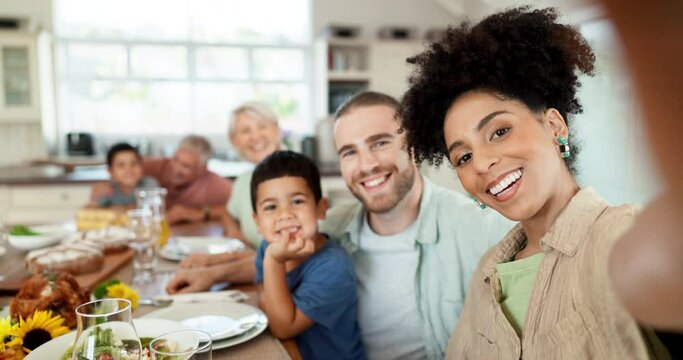 Home food, smile and happy family selfie at lunch meal, reunion or brunch buffet with memory picture. Portrait, photography and bonding man, woman or diversity people photo, hungry and relax together