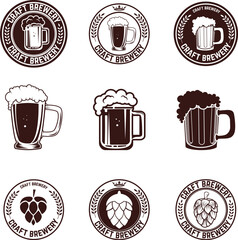 Set of craft beer labels. Set of vintage beer mugs.  Design elements for logo, label, emblem, sign, badge .Vector illustration.