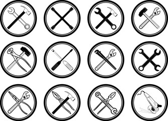 Set of equipment icons set. Vector labels with tools. Design elements for logo, label, emblem, sign, badge. Vector illustration.