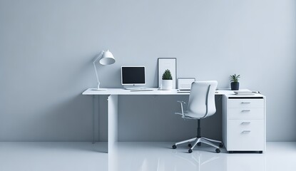 Modern office workspace with white desk, computer equipment, and professional office chair.