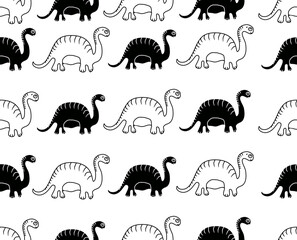 monochrome and line art silhouette illustration of a cute dinosaur as a seamless pattern