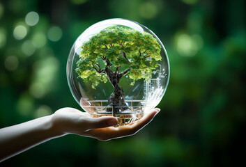 Earth crystal glass globe ball and tree in robot hand saving the environment, save a clean planet, ecology concept. technology science of environment concept for the development of sustainability. - obrazy, fototapety, plakaty