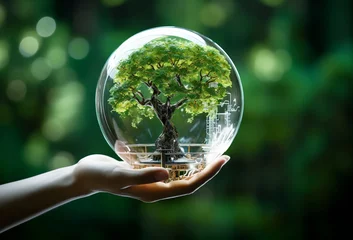 Foto op Canvas Earth crystal glass globe ball and tree in robot hand saving the environment, save a clean planet, ecology concept. technology science of environment concept for the development of sustainability. © MOUNSSIF