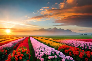 Fototapeta premium field of tulips at sunset Generated Ai