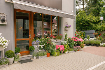 Fototapeta na wymiar Facade of beautiful flower shop with different housplants and flowers . High quality photo