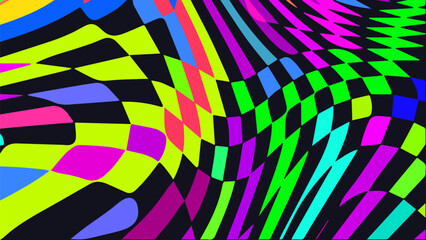 Distorted twisted checkered background. Trippy strip psychedelic pattern.