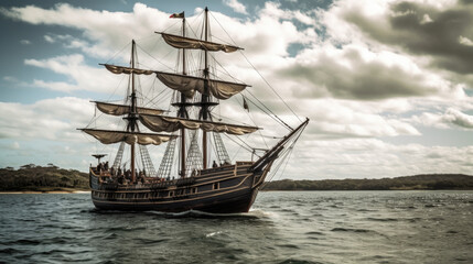 Fototapeta na wymiar Pirate ship sailing in the ocean on a cloudy day. Generative AI