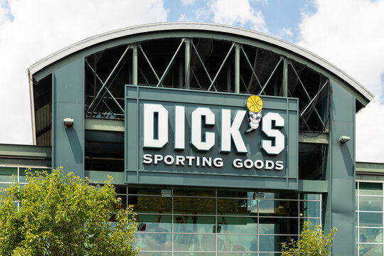 Lombard, IL, USA - July 7, 2023: Dick's Sporting Goods store is the largest American sporting goods store with over 800 locations throughout the United States.