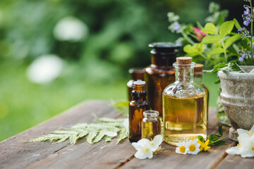 Selection of organic essential oils, pure herbal and floral extracts in cosmetics. Natural ingredients for production. Homemade beauty treatment. Mint, camomile, jasmine. Aromatherapy, fragrance