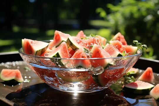 Illustration Of A Glass Bowl Filled With Watermelon Slices Created With Generative AI Technology