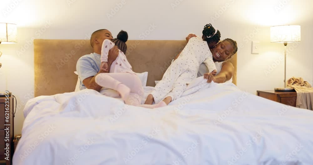 Canvas Prints Black family, kids and running to bedroom in home, bonding and playing together at night. African parents, children jump on bed and happy girls with care, love and enjoying quality time in house.