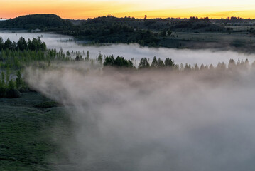 Fototapeta premium Foggy dawn in Izborsko-Malskaya Valley, Pskov region