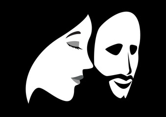 Black and white vector illustration of a woman face with mans mask, transgender or transsexual, non-binary, genderqueer issues