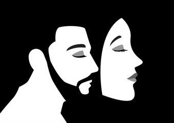 Black and white vector illustration of a man face with woman's mask, transgender or transsexual, non-binary, genderqueer issues