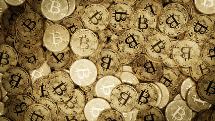 Bitcoin Cryptocurrency represented as Gold Coins. Blockchain Business Wallpaper. 3D Render.