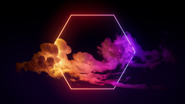 Cloud Formation Illuminated with Pink and Yellow Fluorescent Light. Dark Environment with Hexagon shaped Neon Frame.