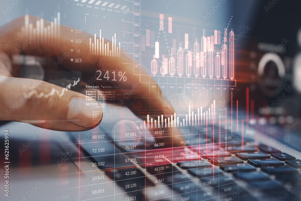 Poster close up of male hand using laptop keyboard with creative global forex chart on blurry background. c