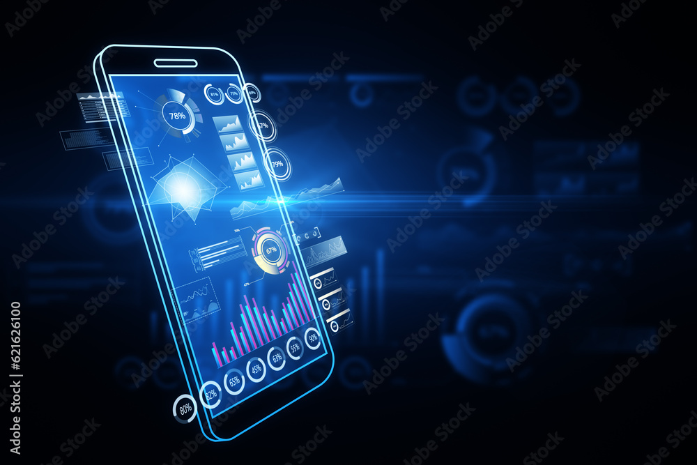 Poster close up of digital blue cellphone with business chart on dark background. analytics, financial repo