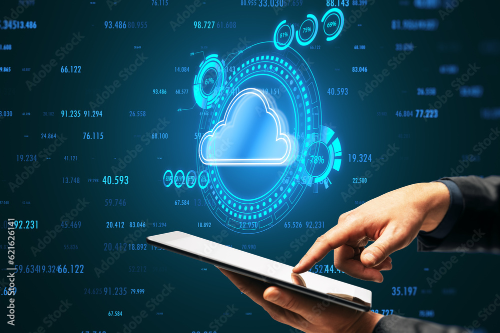 Poster Close up of businessman hand using cellphone with modern cloud computing hologram with index on blue background. Connectivity technology concept.