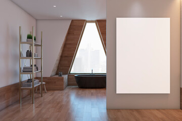 Blank white poster with place for your logo or advertising text on beige partition in stylish...