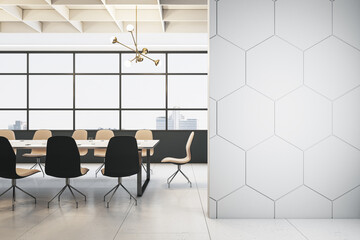 Blank light wall on modern conference room background, mockup. 3D Rendering