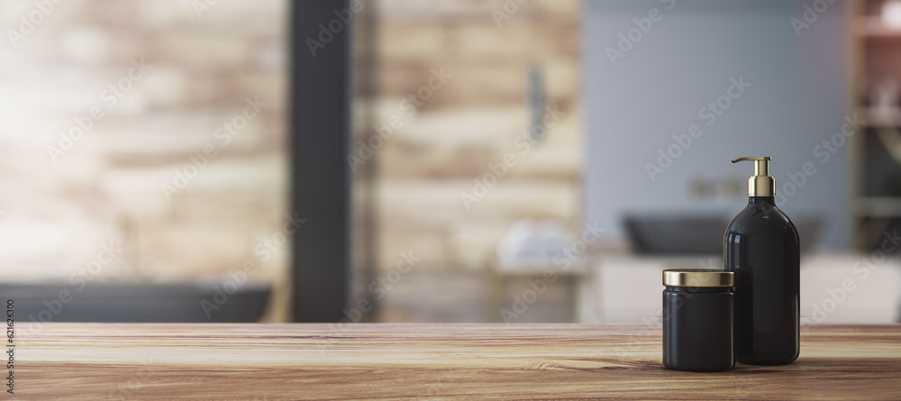 Poster front view of empty wooden countertop in bathroom interior with blurred background and black bathroo