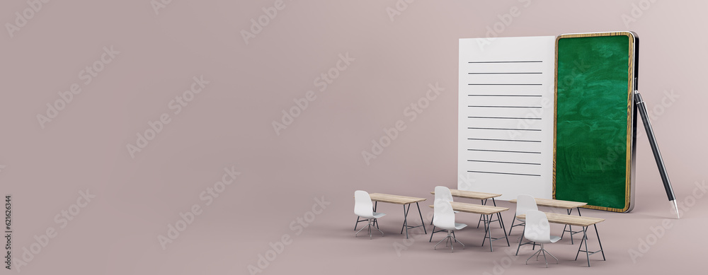 Poster creative online classroom interior with chairs, desks, and abstract chalkboard notepad smartphone on