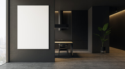 Modern black kitchen interior with empty mock up banner on wall, panoramic windows, curtains and furniture. 3D Rendering.