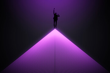 Conceptual image of businessman silhouette on bright purple lines background. Success, metaverse and direction concept.