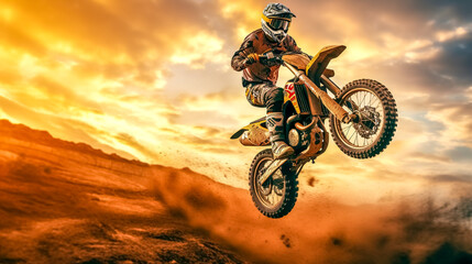 Fototapeta na wymiar motocross, biker jumps on a dune in the desert at sunset, copy space made with Generative AI