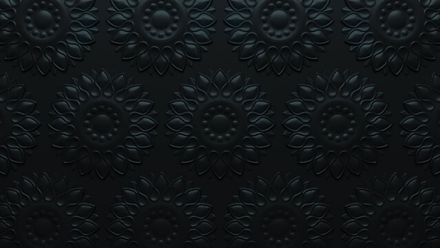 Black 3D Rococo Pattern Background. Intricate Dark Decorative Wallpaper.