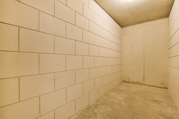 an unfinished room with white bricks on the wall and flooring around the corner in the walls have been removed