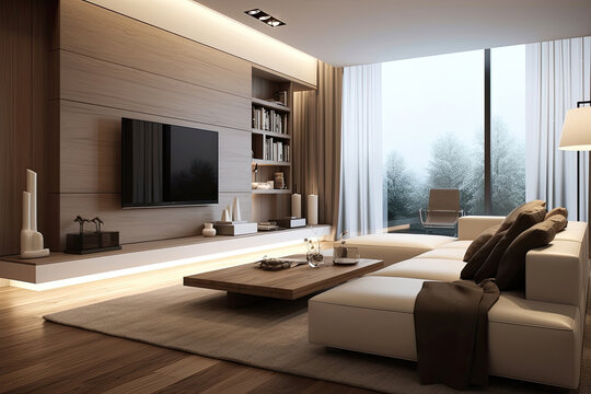Bright and Beautiful: Spacious Modern Minimalist Living Room Design With a Tv and books roof