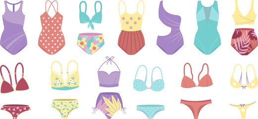 Female swimwear clipart, isolated bikini models. Fashion swimming clothes, bra and trousers. Swimsuit, beach party decent vector collection