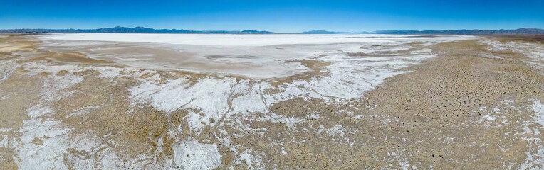 Aerial view of the huge salt flats Salinas Grandes de Jujuy in northern Argentina while traveling...